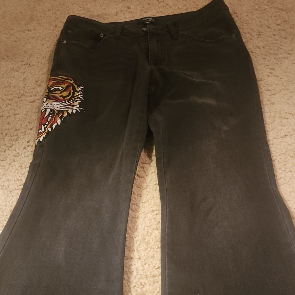 Ed Hardy Black Flare Jeans with Tiger Design